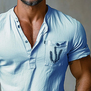 Men's Casual Pocket Print Henley Neck Short Sleeve T-Shirt