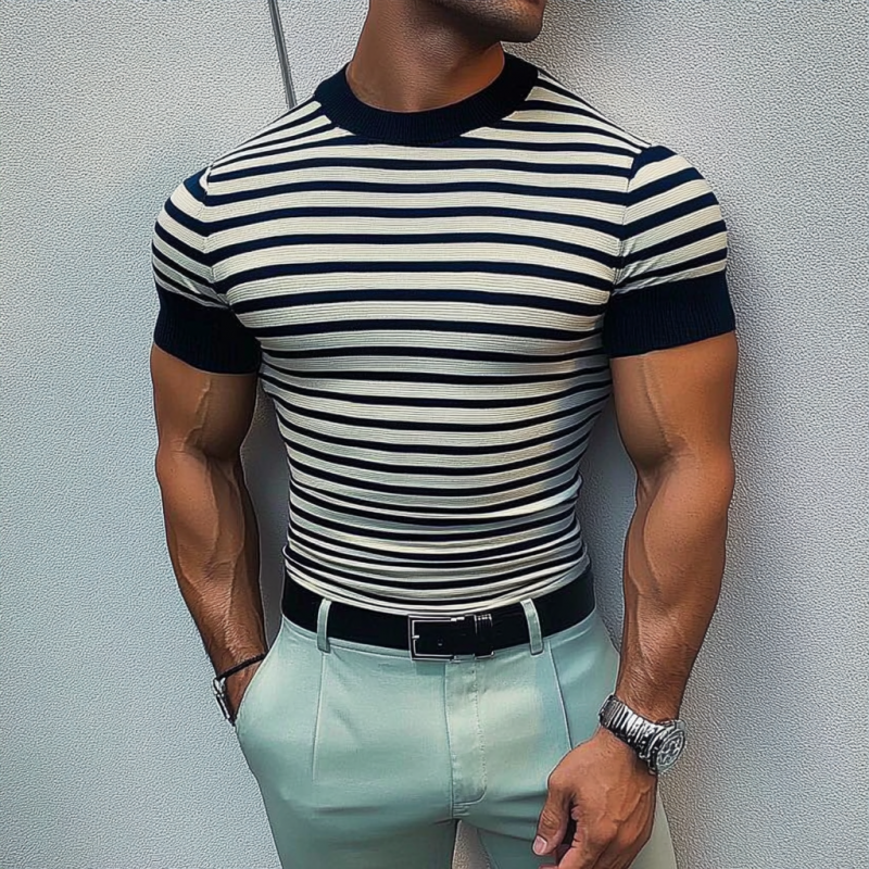 Men's Casual Round Neck Striped Knitted Loose Short Sleeve Sweater T-Shirt