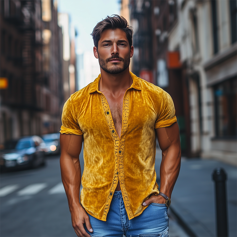 Herren Frühlingsmode Sexy Spitze Spleißen Samt Slim Fit Kurzarmhemd
