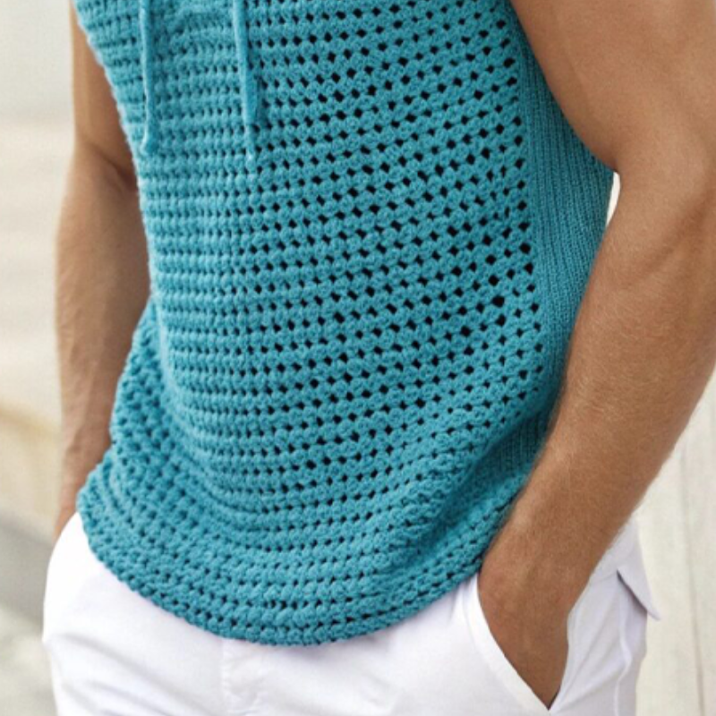 Men's Summer Fashion Casual Hooded Hollow Knitted Short Sleeve T-shirt