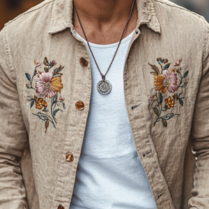 Lässiges Herrenhemd aus Leinen mit Blumenstickerei und Revers, lockeres Langarmhemd
