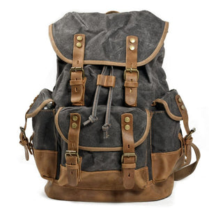 Herren-Rucksack aus Vintage-Canvas-Nähten und Leder mit mehreren Taschen