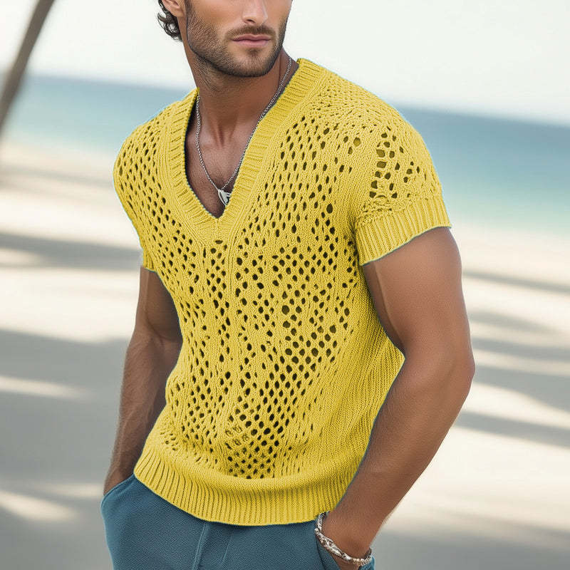 Sommermode für Herren, V-Ausschnitt, gestricktes Mesh, atmungsaktives T-Shirt