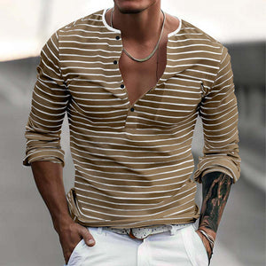 Men's Striped Henley Collar Long Sleeve Casual T-shirt