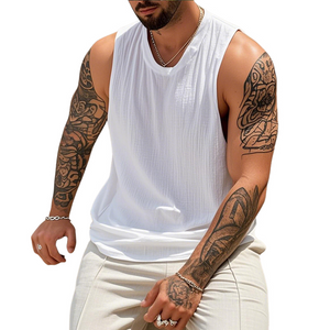Men's Casual Cotton Linen Pleated Round Neck Loose Tank Top