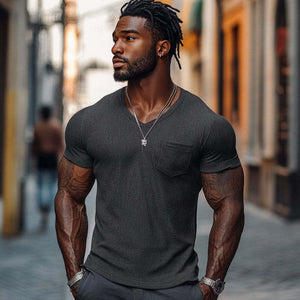 Lässiges Herren-T-Shirt aus gerippter Baumwollmischung mit V-Ausschnitt und schmaler Passform, kurzärmelig