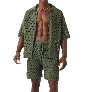Men's Solid Color Knitted Short-Sleeved Shorts Two-Piece Set