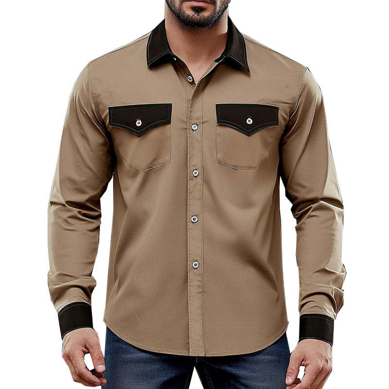 Bequemes Khaki-Colorblock-Langarmhemd für Herren
