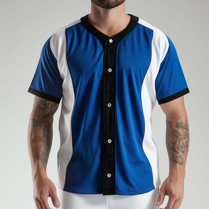 Men's Retro Casual Colorblock Sports Button Baseball Short Sleeve T-Shirt