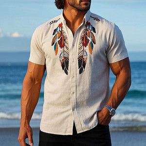 Men's Vintage Feather Embroidered Short Sleeve Shirt