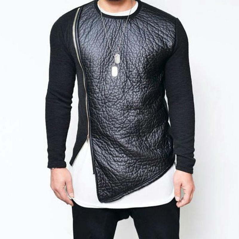 Men's Leather Stitching Zip-up Round Neck Long-sleeved T-shirt (Internal T-shirt Not Included)
