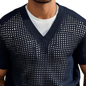 Einfarbiges, gestricktes T-Shirt mit V-Ausschnitt und kurzen Ärmeln für Herren
