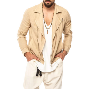 Men's Vintage Apricot Cotton And Linen Notched Lapel Jacket