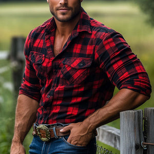 Herren Retro Rot Kariertes Langarmhemd