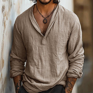Herren Retro Casual Langarmhemd aus Baumwolle und Leinen