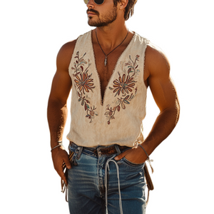 Men's American Western Cowboy Style Suede Embroidered Deep V Neck Tank Top
