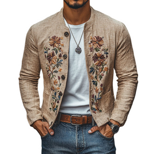 Men's Casual Linen Embroidered Stand Collar Single Breasted Slim Fit Jacket