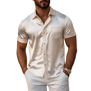 Men's Spring And Summer Fashionable Sexy Lace Stitching Satin Short-sleeved Shirt