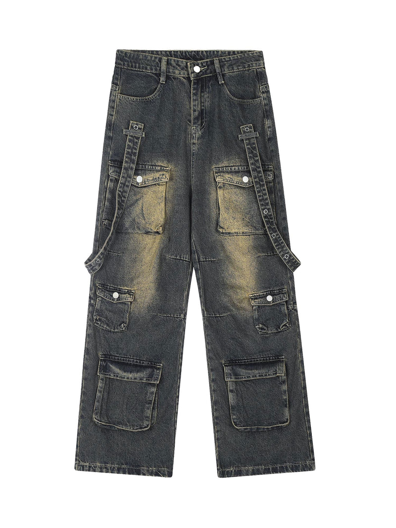 Vintage Washed Web Rivets Hip-Hop Jeans