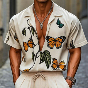 Men's Casual Loose Butterfly Print Short Sleeve Shirt
