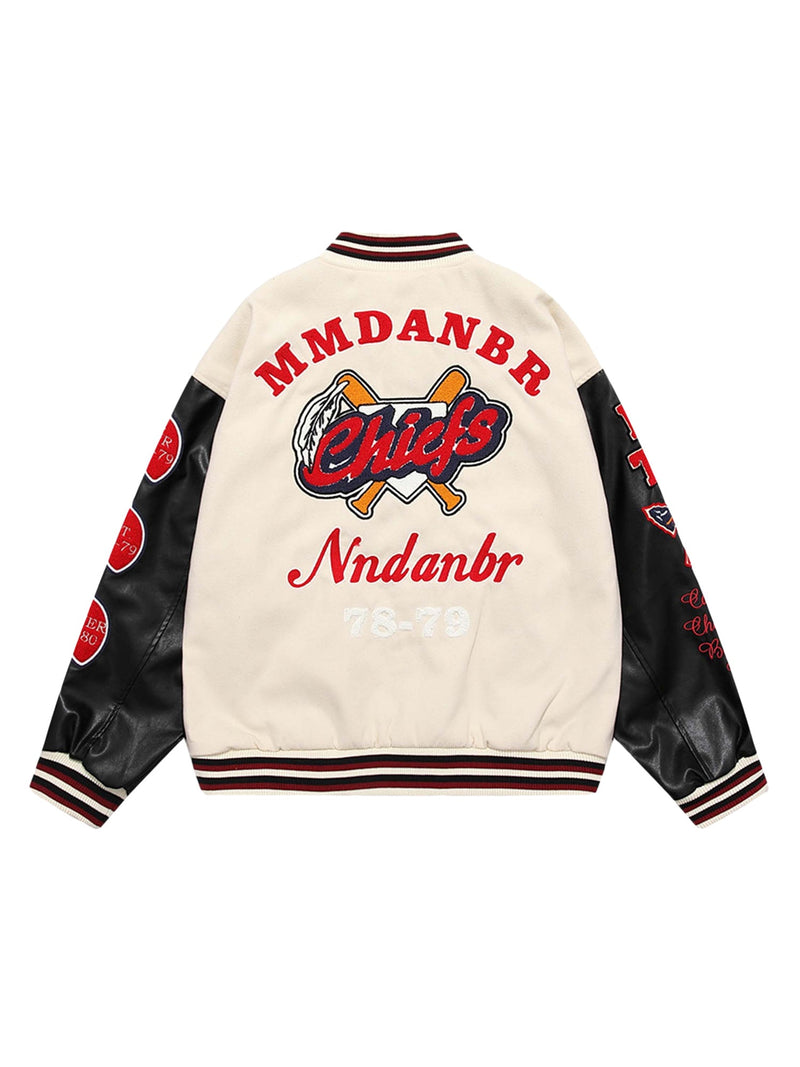 Patchwork PU Leather Embroidered Alphabet Baseball Jacket