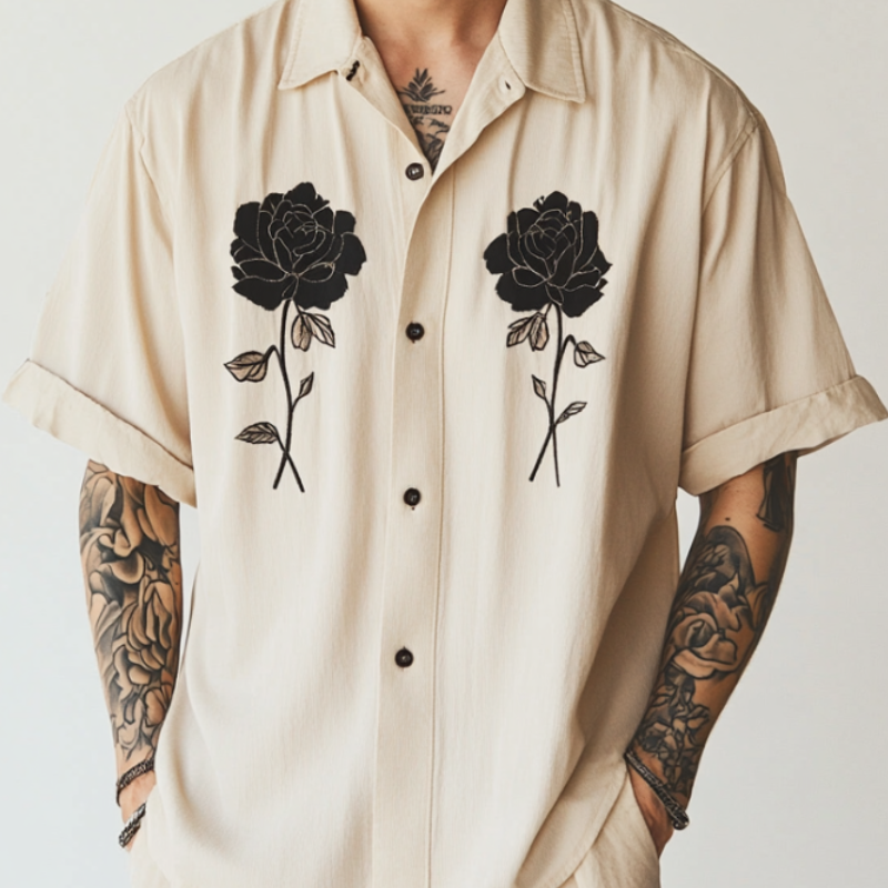 Herren Casual Baumwolle Leinen Rose Stickerei Revers Lose Kurzarmhemd