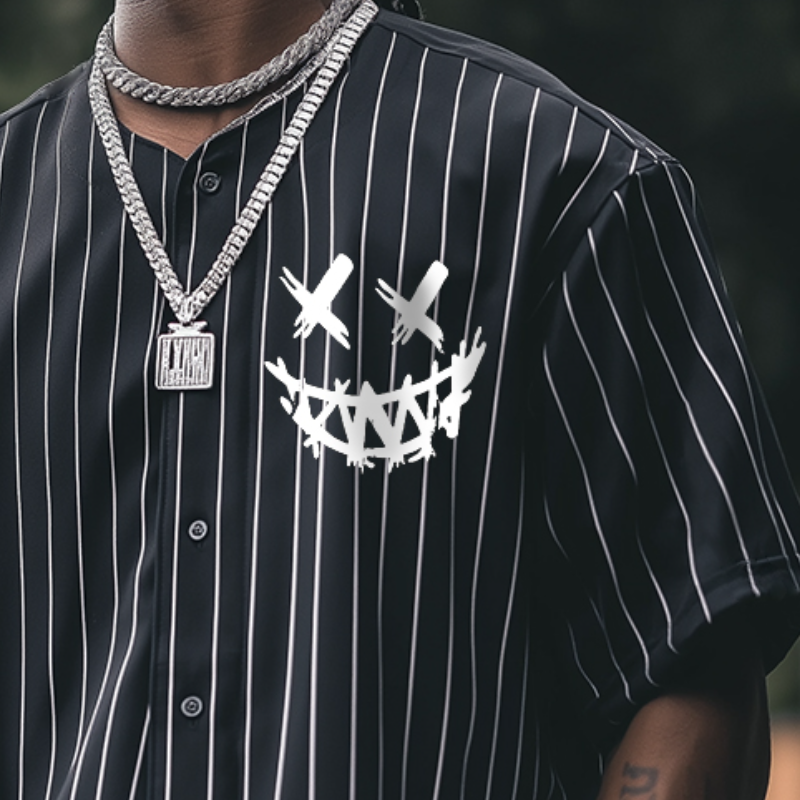 Men's Retro Casual Striped Smiley Face Hip Hop Baseball Button Short Sleeve T-Shirt