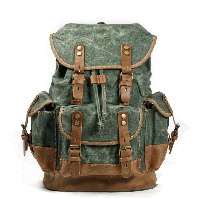 Men's Vintage Outdoor Canvas Stitching Leather Multi-Pocket Backpack