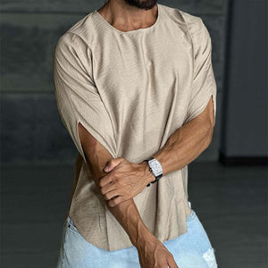 Herren Retro Casual Leinen Plissee Rundhals Kurzarm T-Shirt