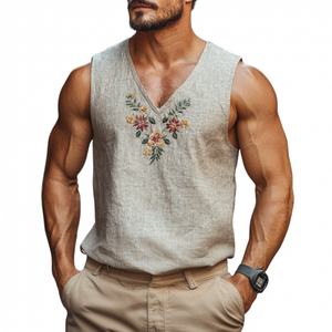 Men's Casual V-Neck Linen Floral Embroidered Slim Fit Tank Top