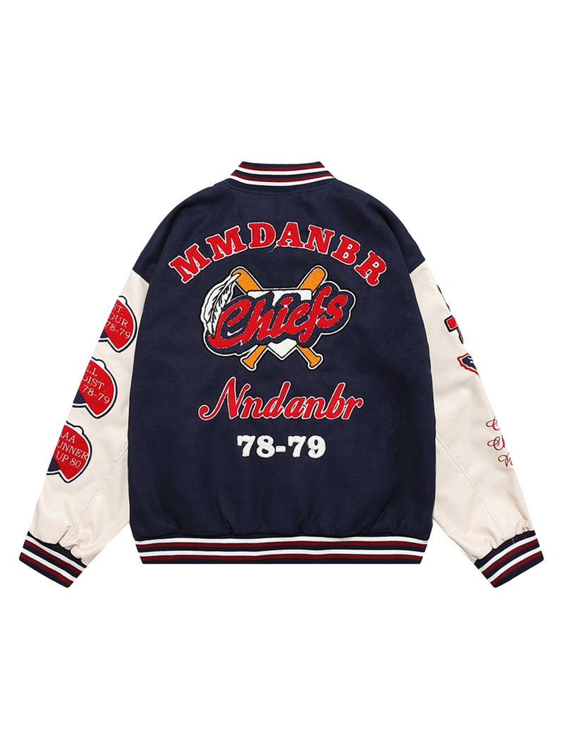 Patchwork PU Leather Embroidered Alphabet Baseball Jacket