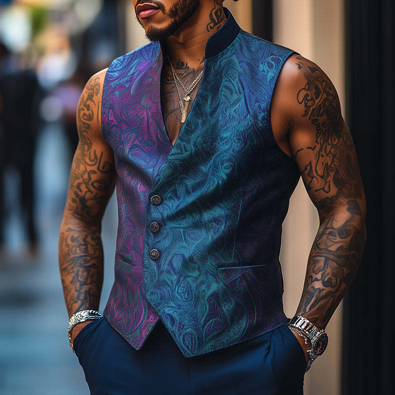 Men's Retro Casual Print Stand Collar Vest