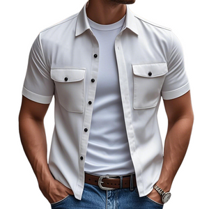 Men's Casual Comfort Cotton Lapel Chest Pocket Loose Short Sleeve Shirt