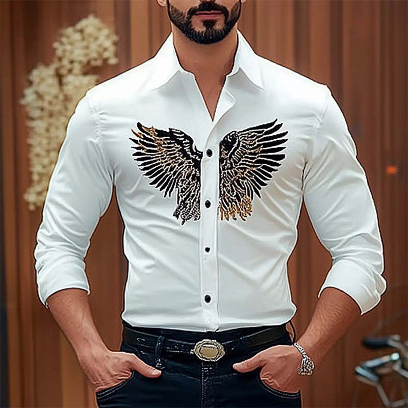 Herren-Langarmhemd aus Baumwolle mit Vintage-Adler-Stickerei und schmaler Passform