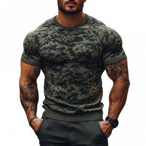 Men's Outdoor Camouflage Jacquard Round Neck Slim Fit Knitted Short Sleeve Sweater T-Shirt