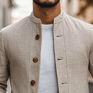 Men's Spring Retro Classic Lace Stand Collar Thin Cotton And Linen Jacket