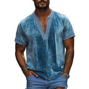 Men's Spring Fashion Deep V-neck Lace Stitching Velvet Short Sleeve T-shirt