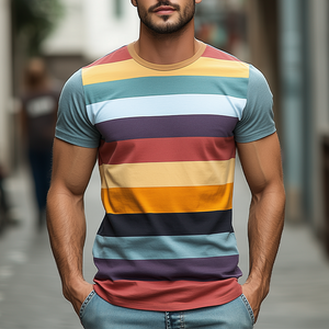 Men's Casual Round Neck Slim Fit Horizontal Striped Cotton Short-sleeved T-shirt