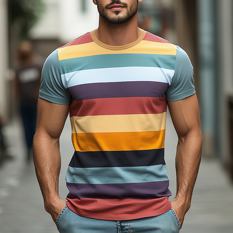 Men's Casual Round Neck Slim Fit Horizontal Striped Cotton Short-sleeved T-shirt