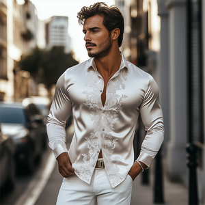 Herren Frühlingsmode Klassisches Retro Satin Stickerei Slim Fit Langarmhemd