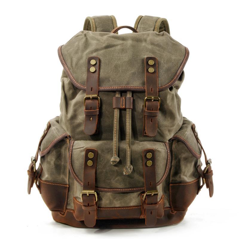 Men's Vintage Outdoor Canvas Stitching Leather Multi-Pocket Backpack