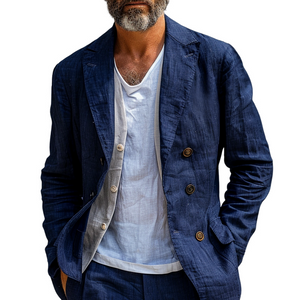 Herren-Blazer aus massiver Baumwolle und Leinen mit Revers, zweireihig, lässig