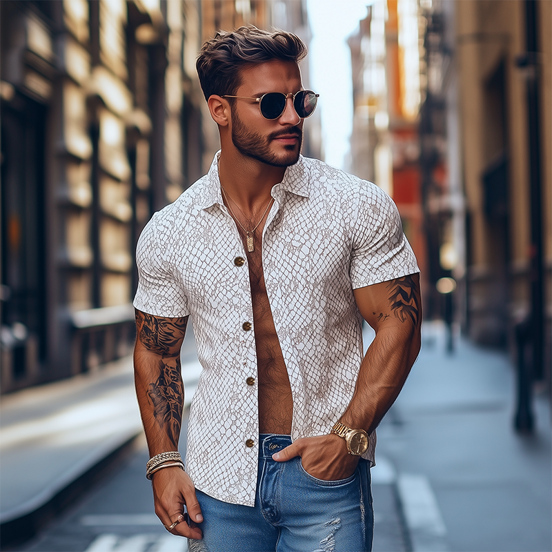 Stilvolles, klassisches Slim Fit-Kurzarmhemd mit Schlangenstruktur-Print für Herren