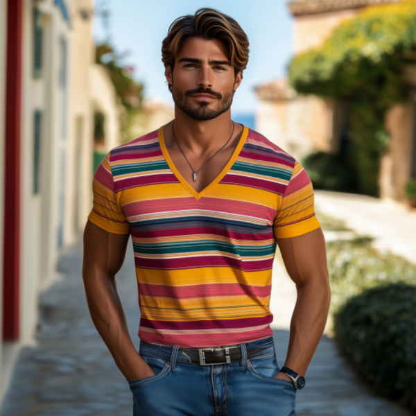 Lässiges Herren-T-Shirt aus Baumwolle mit V-Ausschnitt und Kontraststreifen im Slim Fit