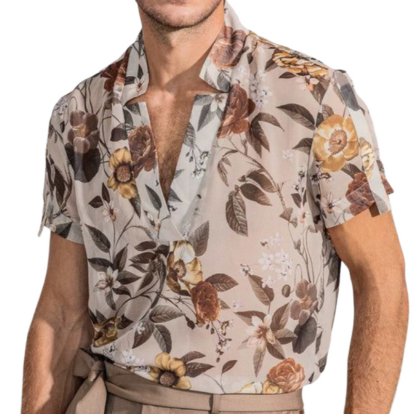 Herrenmode, lässig, Retro-Print, V-Ausschnitt, Chiffon, Kurzarmhemd
