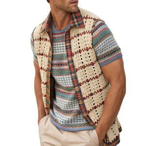Men's Vintage Apricot Knitted Lapel Mesh Vest