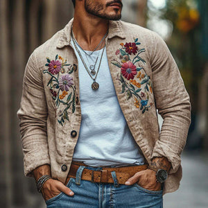 Men's Casual Linen Embroidered Lapel Loose Long Sleeve Shirt
