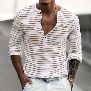 Men's Striped Henley Collar Long Sleeve Casual T-shirt