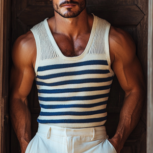 Men's Casual U Neck Navy Striped Slim Fit Knitted Tank Top