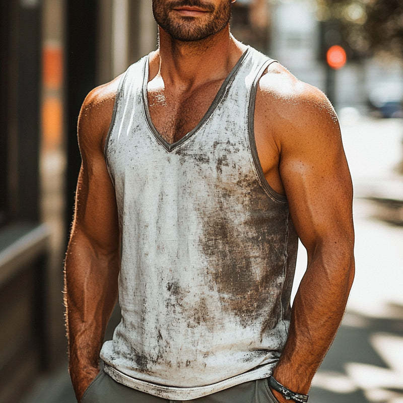 Men's Skin-friendly Breathable V-neck Retro Printed Tank Top